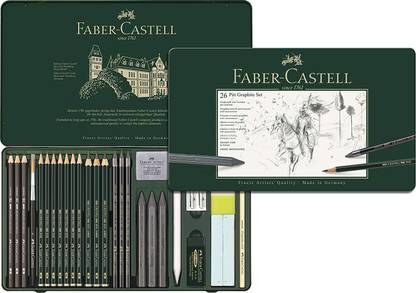 FABER-CASTELL 7 x Castell 9000 graphite pencils (2H, 2B, B, HB, 4B, 6B, 8B), 3 x Castell 9000 Jumbo graphite pencils (2B, 4B, 8B) , 3 x Graphite Aquarelle pencils, water-soluble (2B, 4B, 8B), 3 x Pitt graphite Pure pencils (3B, 6B, 9B) 3 x Pitt graphite crayons (6B, 9B), 1 x Perfection eraser pencil ,1 x Plastic eraser, 1 x Kneadable art eraser, 1 x Dual sharpener, 1 x Blending stump, 1 x Sandpaper block, 1 x Paintbrush Pencil