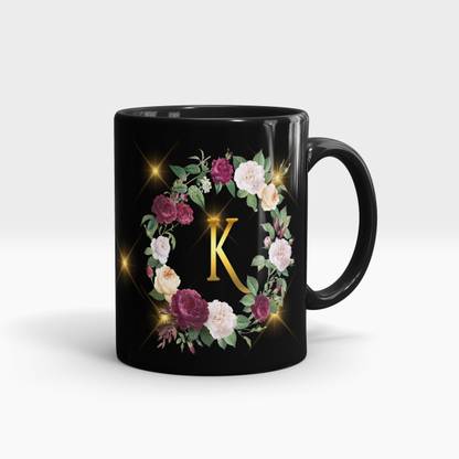 Gift Arcadia Letter K Flower Alphabet Black CoffeeMug | Best Gift for your Loved Once on their Special Day Ceramic Coffee Mug