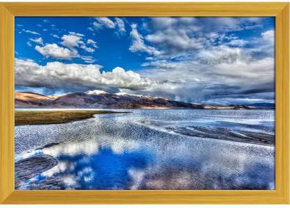 Artzfolio ArtzFolio Himalayan Mountain Lake in Ladakh, India Canvas Painting Golden Synthetic Frame 23.5inch x 16inch (59.7cms x 40.6cms) Digital Reprint 16 inch x 23.5 inch Painting
