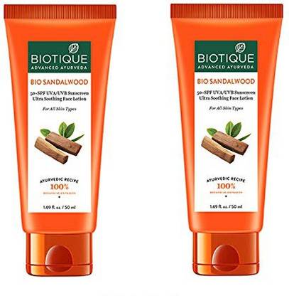 BIOTIQUE Sunscreen - SPF 50 PA+ Bio Sandalwood Sunscreen Ultra Soothing Face Lotion