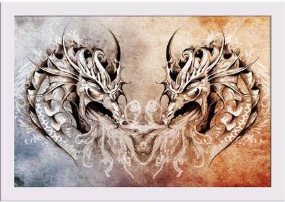 Tattoo Art Medieval Dragons Heart Paper Poster White Frame | Top Acrylic Glass Paper Print
