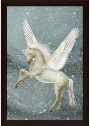 Pegasus With Snow Paper Poster Dark Brown Frame | Top Acrylic Glass Paper Print