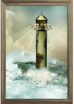 Lighthouse In Landscape Paper Poster Antique Golden Frame | Top Acrylic Glass 13inch x 19inch (33cms x 48.3cms) Paper Print