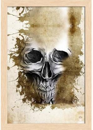 Tattoo Evil Design With Skull Paper Poster Natural Brown Frame | Top Acrylic Glass 13inch x 19inch (33cms x 48.3cms) Paper Print