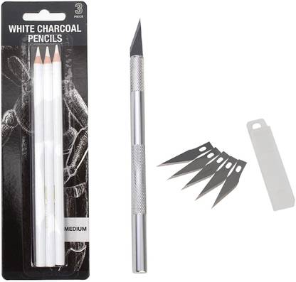 Definite White Charcoal Pencil Artist Series Perfect for making Portraits, Knife with 5 Extra Blade for Hobbyists, Artists, Students, Professionals.