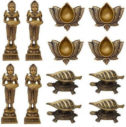 Divya Mantra Indian Diwali Oil Lamp Pooja Diya Brass Light Puja Items Handmade Items Lamps Made in India Decorative Wicks Diyas Deep Laxmi, Lotus Kamal Laxmi Deepam & Tortoise Turtle Leaf Vilakku Set of 12 - Gold Brass (Pack of 12) Table Diya