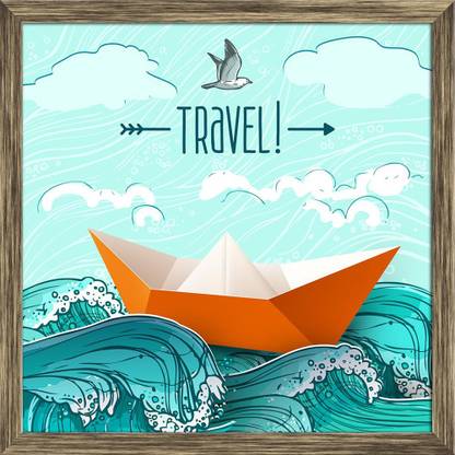 Artzfolio Origami Paper Ship On Sea Waves Art Canvas Painting Antique Golden Synthetic Frame 20inch x 20inch (50.8cms x 50.8cms) Digital Reprint 20 inch x 20 inch Painting