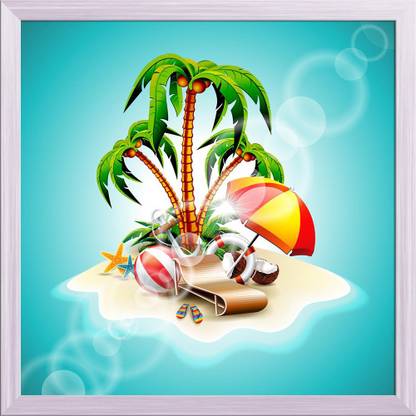 Artzfolio Summer Holiday Theme With Paradise Island Tabletop Painting White Frame 6inch x 6inch (15.2cms x 15.2cms) Digital Reprint 7 inch x 7 inch Painting