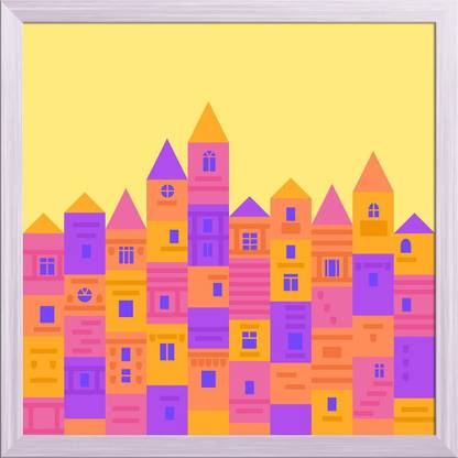Artzfolio Colorful Medieval Town From Building Blocks Canvas Painting White Synthetic Frame 12inch x 12inch (30.5cms x 30.5cms) Digital Reprint 12 inch x 12 inch Painting