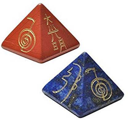 AIR9999 Lapis Lazuli and Red Jasper 25 mm Small 4 Reiki Symbol Engraved Pyramids Set Decorative Showpiece  -  3 cm