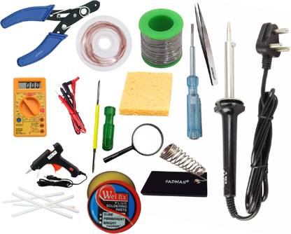 FADMAN SOLDERING IRON 60W (BLACK) | SOLDERING PASTE FLUX | SOLDER WIRE | SOLDERING IRON STAND | SPONGE | 2 IN 1 SCREW DRIVER | DESOLDERING WICK | TWEEZER | MAGNIFYING GLASS | WIRE CUTTER | TESTER | DIGITAL MULTIMETER | 20W GLUE GUN (BLACK) & 5 GLUE STICKS | 60 W Simple