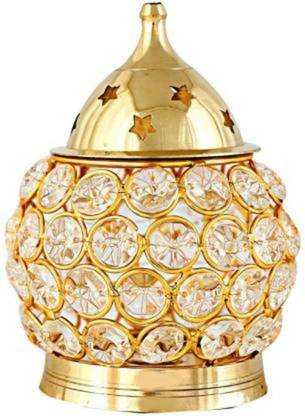 Regallo Brass Akhand Diya | Diamond Crystal Deepak/Dia | Akhand Jyot | Magical Lantern Brass Diya | Decorative Brass Crystal Oil Lamp | Tea Light Holder Lantern | Puja Lamp Brass Table Diya (Height: 4 inch) Brass Table Diya