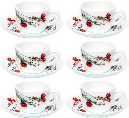 BOROSIL Pack of 6 Opalware Present CHRYS RED 6 pcs cup saucer Set {Cup 140ml (6 pcs) || Saucer 135mm (6 pcs)