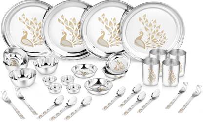 Classic Essentials Pack of 32 Stainless Steel Peacock, 32-Pieces Heavy Gauge with Permanent Laser Design Dinner Set  (Silver) at Rs. 949