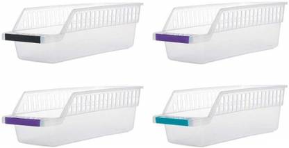 Insidious Fruits/Vegetables Kitchen Rack Plastic 4 Pcs Plastic Fridge Space Saver Organizer Storage Rack Tray Box Refrigerator Storage Organisers for Fruits, Vegetables, Cold Drink - 100 ml Plastic Container Storage Basket (Pack of 4)
