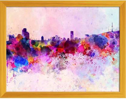 Artzfolio Seoul, South Korea Skyline In Watercolor Canvas Painting Golden Synthetic Frame 26.3inch x 20inch (66.9cms x 50.8cms) Digital Reprint 20 inch x 26.3 inch Painting