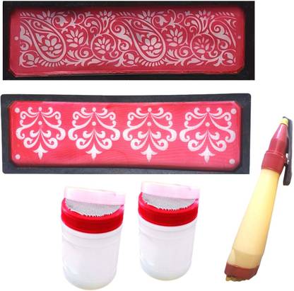 Upyukat Raangoli making Kit- 2 pcs of rectangle rangoli boundary design stencils (36X12 cm), 2 big rangoli colour fillers (6 diameter), 1 rangoli outliner pen (double line- 1 line, 5 line) Rangoli Stencil