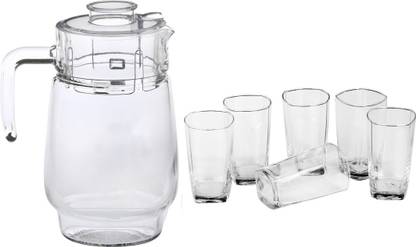 1st Time New Designer Drinking Set Of One Jar With Lid & Six Glass Transparent & Clear-JG56 Jug Glass Set