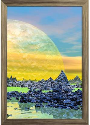 Landscape With Rock Mountains Paper Poster Antique Golden Frame | Top Acrylic Glass 13inch x 19inch (33cms x 48.3cms) Paper Print