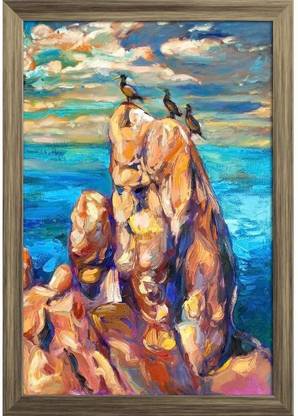 Artwork Of Ocean Cliffs & Birds Paper Poster Antique Golden Frame | Top Acrylic Glass 9inch x 13inch (22.9cms x 33cms) Paper Print
