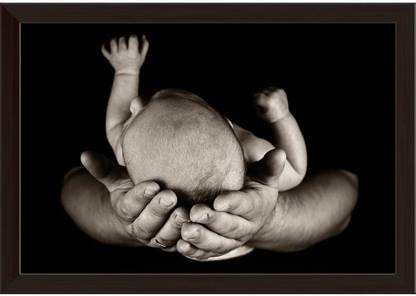 Father Holding His Little Boy Paper Poster Dark Brown Frame Paper Print