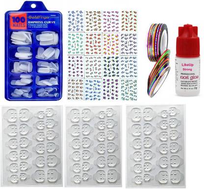 LikeUp Professional Quality Artificial Clear white Dynamic shinning professional Finger Empress Curve 100 Tips Fake Nails with 3 Sheet Double Sided Nails Glue Sticker,2 roll glitter,5 gm glue,1 sheet nail tattoo sticker complete nail art combo Clear white