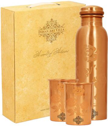 IndianArtVilla Color Changing Magic Copper Bottle With 2 Glass Gift Set Box, 3 Pieces 1000 ml Bottle