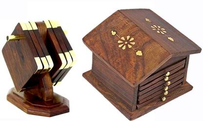 ASLAM WOOD CARVING Round Wood Coaster Set