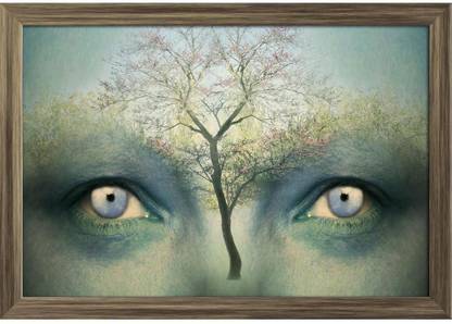 Fantasy Background Of Two Human Eyes & Tree Paper Poster Antique Golden Frame | Top Acrylic Glass 19inch x 13inch (48.3cms x 33cms) Paper Print