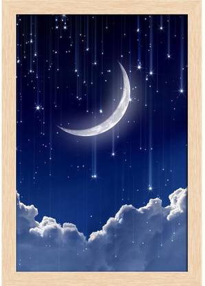 Night Sky With Moon & Stars Paper Poster Natural Brown Frame Paper Print