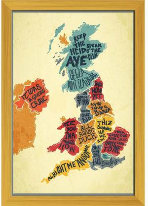 United Kingdom Typography Accents Map Paper Poster Golden Frame Paper Print