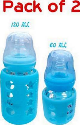 एडेका Glass Feeding Bottle for Newborns/Infants/Babies | With Silicone Warmer Cover - 120 ml