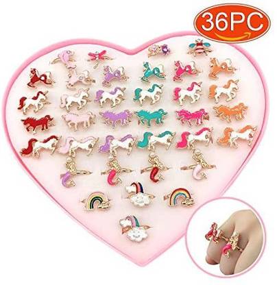 Elesa Miracle 36pcs Children Kids Little Girl Adjustable Mermaid Unicorn Jewelry Rings in Box, Random Shape and Color, G