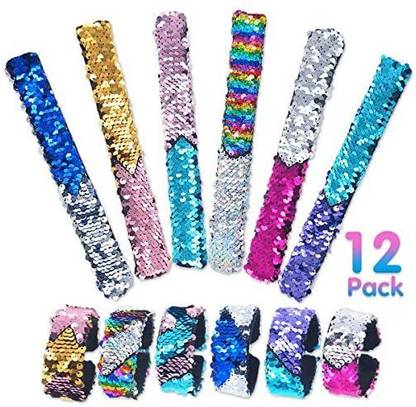 Pawliss 12 Pack Little Mermaid Magic Charm Reversible Sequin Slap Bracelets, Birthday Party Favors Supplies Gifts for Gi