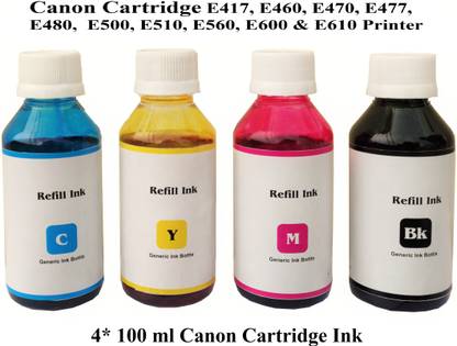 DotInk Canon E460 Cartridge 4*100 ml Multicolor Refill Ink Compatible with E417, E460, E470, E477, E480, E500, E510, E560, E600 & E610 Printer Black + Tri Color Combo Pack Ink Cartridge