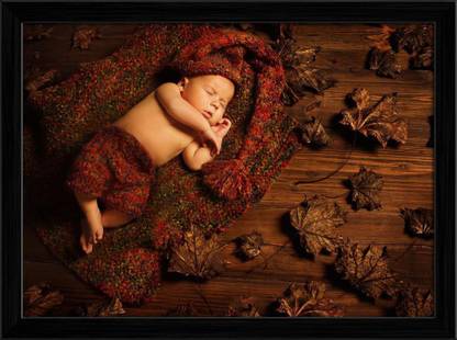 Artzfolio Studio Photo Portrait of New Born Kid D1 Canvas Painting Black Wooden Frame 16.4inch x 12inch (41.6cms x 30.5cms) Digital Reprint 12.5 inch x 16.9 inch Painting