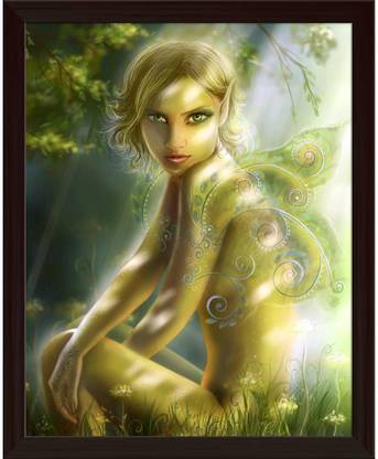 Artzfolio ArtzFolio Portrait of Green Fairy Fantasy Tabletop Painting Dark Brown Frame 8inch x 9.9inch (20.3cms x 25cms) Digital Reprint 8.5 inch x 10.4 inch Painting