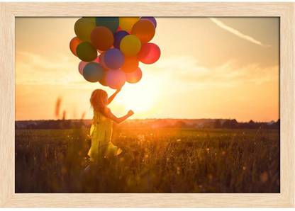 Artzfolio Little Girl With Balloons In The Field Canvas Painting Natural Brown Wooden Frame 17.5inch x 12inch (44.5cms x 30.5cms) Digital Reprint 12.5 inch x 18 inch Painting