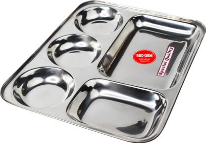 Redgem Pure Stainless Steel (18/8) Lunch/Dinner Plate/Bhojan Thali 5 in 1 Compartments Sectioned Plate