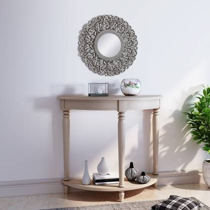 House Of Pataudi Hand Crafted Wooden Grey Mirror Frame With Off White Console Table For Living Hallway Room Solid Wood Side In India House Of Pataudi Hand Crafted Wooden, Crafted Mirror Pedestal Table