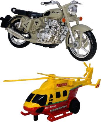 Miniature Mart Set Of 2 Small Size Made Of Plastic Indian Automobile Model Street Bike + Army Helicopter Toys For Kids| Playing Toys For Babies And Kids| Very Small Size|