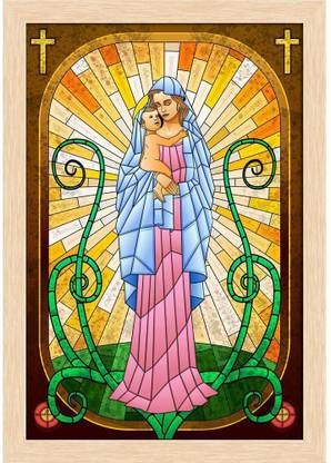 Mother Mary With Jesus Christ Paper Poster Natural Brown Frame | Top Acrylic Glass 13inch x 19inch (33cms x 48.3cms) Paper Print