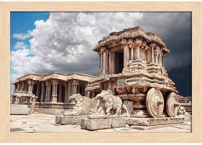 Stone Chariot In Vittala Temple Hampi Karnataka Paper Poster Natural Brown Frame | Top Acrylic Glass 19inch x 13inch (48.3cms x 33cms) Paper Print