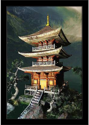 Zen Buddha Temple D3 Paper Poster Black Frame | Top Acrylic Glass 13inch x 19inch (33cms x 48.3cms) Paper Print