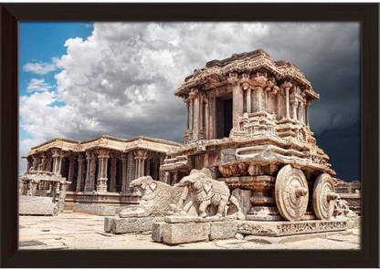 Stone Chariot In Vittala Temple Hampi Karnataka Paper Poster Dark Brown Frame | Top Acrylic Glass 19inch x 13inch (48.3cms x 33cms) Paper Print