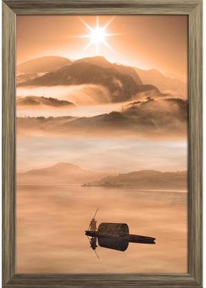 Chinese Landscape D2 Paper Poster Antique Golden Frame | Top Acrylic Glass 9inch x 13inch (22.9cms x 33cms) Paper Print