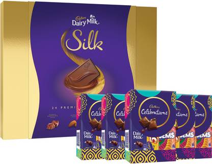 Cadbury Dairy Milk Silk Miniatures Chocolate Gift Box Bars (240 g) + Celebrations Chocolate Gift Pack, 64.2 gm - Pack of 5 (Pack of 6) Bars