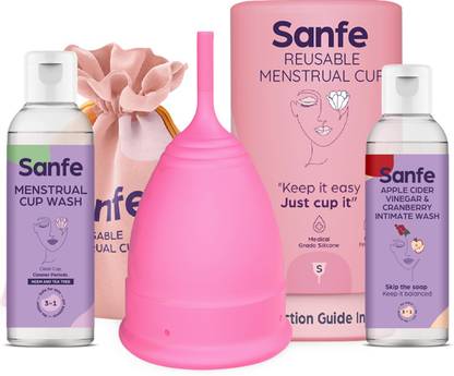Sanfe Reusable Menstrual Cup - Small Size with Pouch, Mini Apple cider vinegar & Cranberry Intimate Wash & Cup Wash|Ultra Soft Period Cup Made With Liquid Medical Grade Silicone Protection For 8-10 Hours