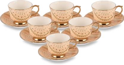 UPC Pack of 6 Ceramic Cup Saucer Sets with 6 Cups + 6 Saucer - New Modern Design Fine Tableware, Premium Light Tea/Coffee Cups Gold/Platinum Designs (Set of 6 Cups + 6 Saucer in a Box)