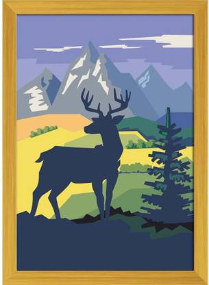 Artzfolio ArtzFolio Vector Deer In Forest On Nature Background Tabletop Painting Golden Frame 8inch x 11.1inch (20.3cms x 28.3cms) Digital Reprint 8.5 inch x 11.6 inch Painting